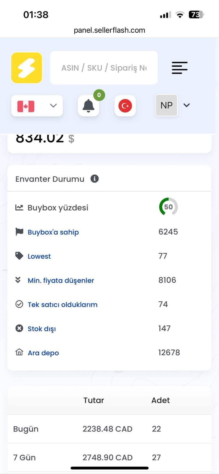 Kanada mağazası mağazaya aktarılan ürün sayısı ve envanter durumu