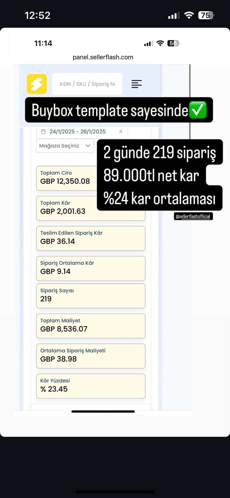 SellerFlash panel: 2 günde 219 sipariş, %24 kâr ortalaması