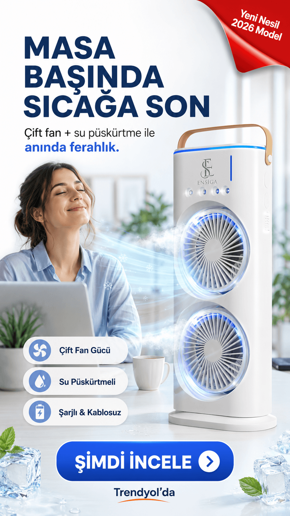 Su püskürtmeli masa vantilatörü için hazırlanan reklam kreatifi