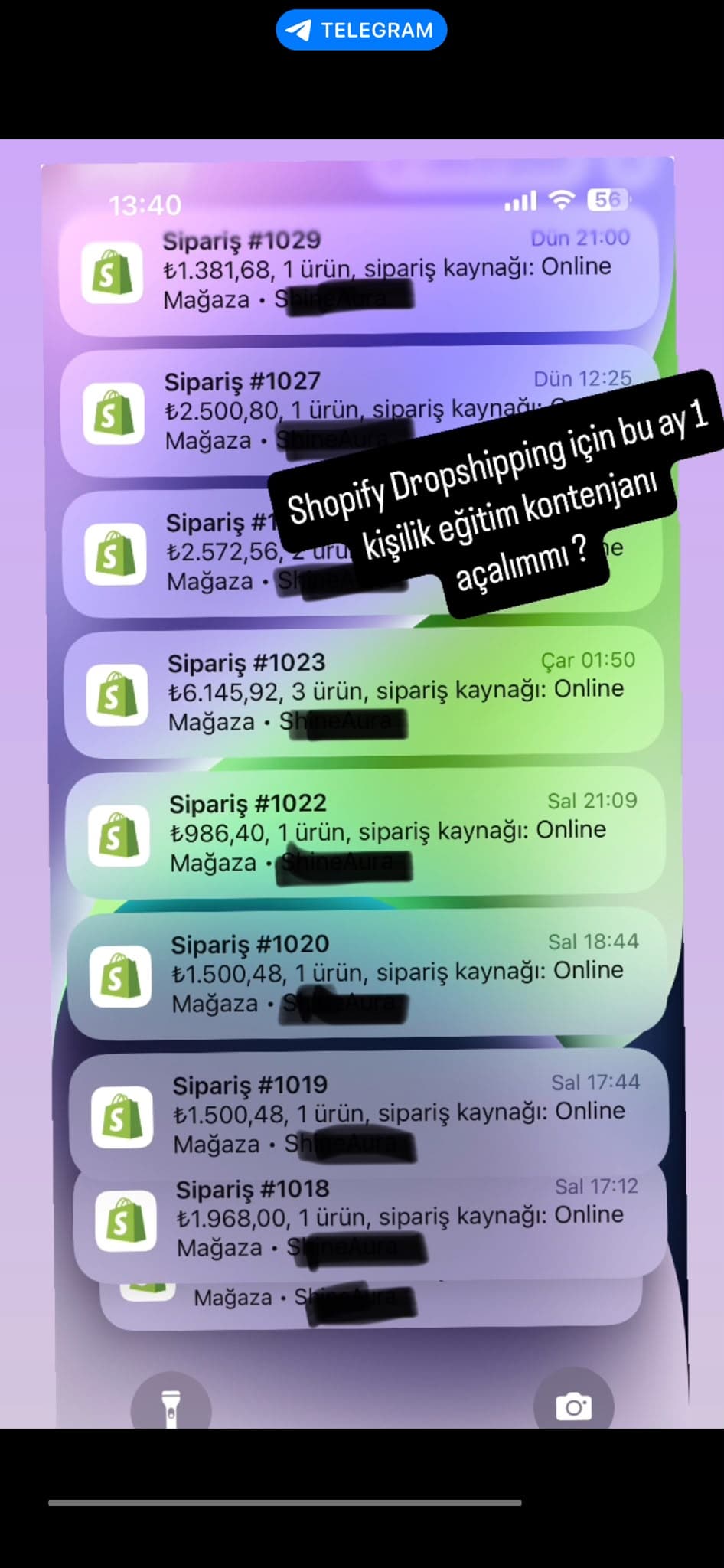 Shopify mağazasından gelen TL bazlı sipariş bildirimleri