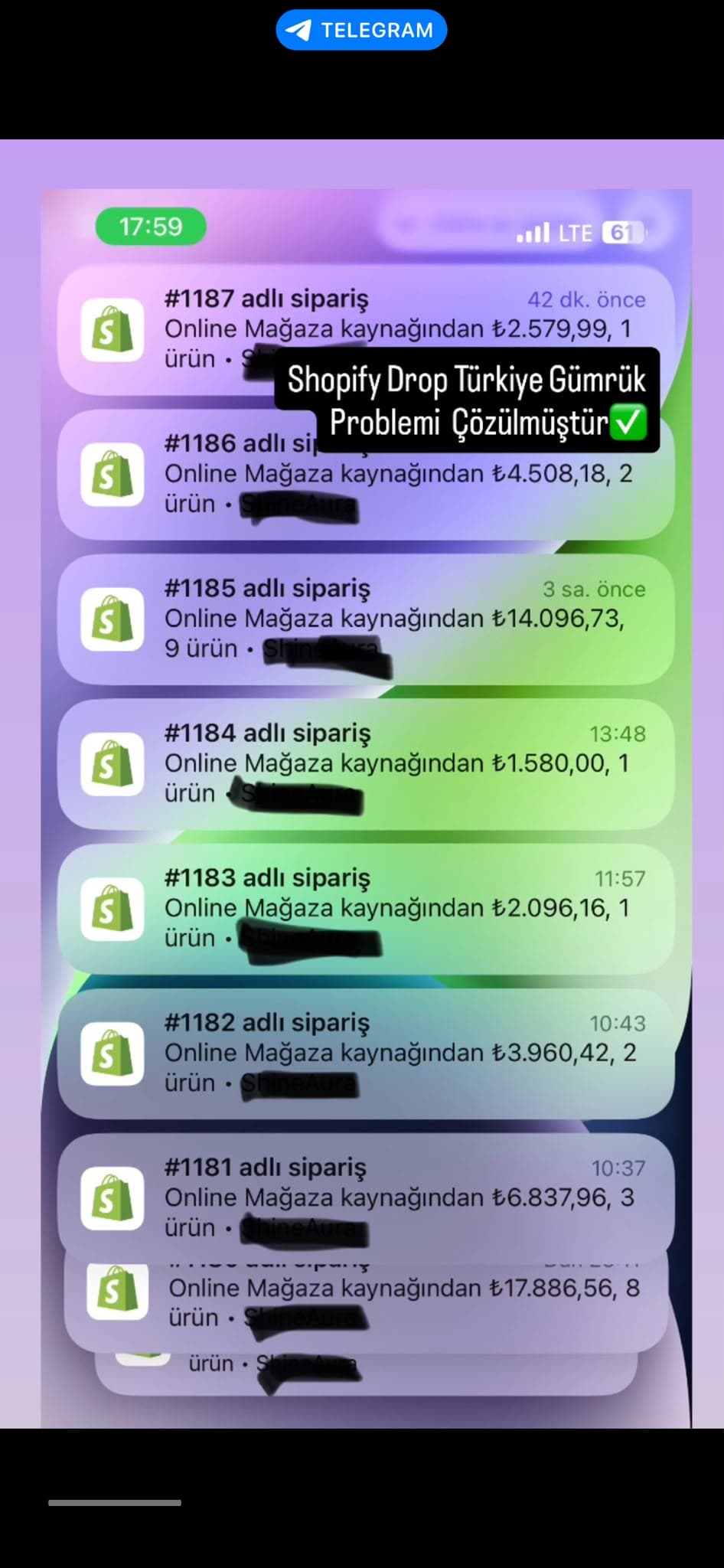 Canlı sipariş bildirimleri ve gümrük probleminin çözüldüğü duyurusu